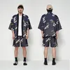 Two Piece Suit Japanese Jacket Men Cosplay Crane Print Yukata Red Kimono Shorts Traditionella asiatiska lapptäcken