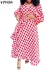 Casual Dresses Vonda Women Plaid Dress 2024 Long Lantern Sleeve Maxi Sundress Bohemian Loose V-ring Bandage Holida