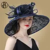 FS Pink Wide Brim Hats Chapeau pour femmes Élégant Église PURPE Big Feather Fedora Ladies Wedding Tea Party 240410