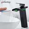 High Style Led Basin Faucet Black Brass Waterfall Basin Faucet Single Hole Tap Hot And Cold Water Mixer Taps Bathroom Faucet
