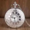 Pocket Watches Fashion Silver Hollow Dial Steampunk Quartz Pocket Stainless Steel Pendant Chain Gift For Men Women Friend Y240410