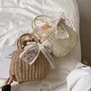 Bohemian Rattan Basket Shoulder Bag Drawstring Straw Woven Top Handle Bag Handmade Women Handbags Weaving Wicker Beach Bags
