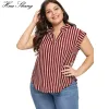 Abiti camicia per camicetta più taglia Donne Summer Stand V Neck Short Strip A strisce casual Camicetta di grandi dimensioni Ladies Tunic Tops tunica