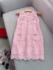 Spring Summer Pink Floral Print Panelled Lace Dress Sleeveless Round Neck Double Pockets Short Casual Dresses G4A10