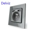 Delviz France Standard Outlet, härdad glaspanel, 5V 2100MA dubbel USB -säkerhetsladdningsgränssnitt, 16A väggkraft USB -uttag