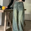 Vintage Bolgy Düz Denim Pantolonlar için Amerikan Moda Yüksek Bel Jeans Sokak Giyim Sonbahar Allmatch Sıradan Pantolon 240401