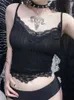 Kadın Tankları Camis Goth Dark Alışveriş Merkezi Gotik Temel Bodycon Kadın Camis Grunge Punk Siyah gündelik dantel dekor mahsulü üst askısız alt yaz giysileri J240409