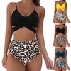 Women's Swimwear Women Swimsuit Floral Leaf Leopard Print Bikini Set With Back Straps High Waist Stretch Bottoms Sexy Summer Beachwear For