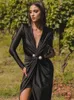 Casual Dresses Elegant Split Bodycon Maxi Dress For Women Fashion Long Sleeve Deep V Female 2024 All Seasons Party Evening Vestidos