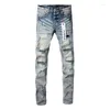 Kvinnors byxor 2024 Purple Jeans High Street Blue Ripped Distressed Fashion Quality Repair Low Rise Skinny Trousers