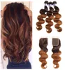 Two Tone 430 ombre Body Wave Virgin Hair Pacotes com fechamento de renda escuro para auburn brasileiro de cabelo humano com fechamento de renda1051430