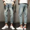 Jeans déchirés à neuf points pour hommes 2024 Nouveau tube droit lâche American High Street Men's Pantal