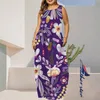 Plus taille Femmes bohème imprimé robe maxi élégante robe sans manches longue poche de plage d'été longues