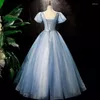 Party Dresses 2024 Sparking Blue Gray Prom Dress Short Puff Sleeves Formal Evening Gown Lace Appliques Beading Vestidos De Gala Mujer