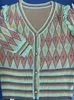 럭셔리 구슬 argyle 격자 무늬 니트 카디건 톱 여자 여름 짧은 슬리브 v- 넥 싱글 가슴 주름 스웨터 우아한 blusas 240410