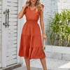 Vestidos casuales de verano elegante fiesta midi mujer madera oreja de madera sin mangas v cuello cintura plisada volantes sólidos longitud de rodilla