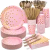 Gold Dot verfügbares Tabellengeschirr Set weiß rosa schwarze Platten Strohpapier Banner Geburtstagsfeier Babyparty Hochzeitsdekoration