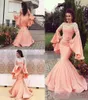 Elegant Arabic Style Mermaid Prom Dresses With Long Poet Sleeves Sheer Neck Lace Appliques Zipper Back Floor Length Dubai Evening 4894509