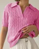 Casual Pink Cable Knit Loose V Neck Short Sleeve Sweater Pullover Spring Summer Fashion Soft Lapel Collar Knitted Top Y2K 240410