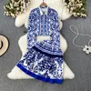 Work Dresses 2024 Fashion Summer Women Print 2 Piece Set Blue And White Porcelain Shirts High Waist Mini Skirts Sets