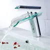 ROVATE Bathroom Basin Faucet Waterfall Spout Glass Brass Chrome Nickel Brushed Cold and Hot Mixer Water Sink Tap