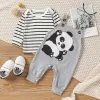 Nyfödda spädbarn baby flickor pojkar långärmad randig t -skjorta toppar overaller suspender byxor panda romper 2 st -outfits kläder set