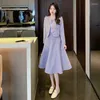 Work Dresses Spring Fall Women Black Skirt Set Elegant Luxury Tweed Jacket Half-body Fashion 2 Piece Korean Chic Purple