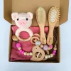Wooden Custom Name Baby Care Hair Brush Pure Natural Wool Baby Rattle Teethers Set Newborn Massager Shower and Registry Gift