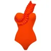 One Piece Swimsuit 2024 Sexy Solid Ruffle Swimwear Women Yellow Bathing Suit Beach Wear Backless Monokini 240409