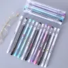 12PCS Creative Stationery Black Ink Gel Pen Starry Sky Flower Pink Kawaii Style Fountain Supplies Plastic Material 0.5 Mm