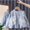 Kız Elbiseleri 2023 İlkbahar ve Sonbahar Çocuk Gömlekleri Kız Kız Bluz Kazak Dikiş Sahte Twopiece Set Bebek Sevimli Beyaz 240307 D Dhxeo