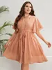 Plus Size Womens Dress Solid Color Wave Short Sleeve Dresses Elegant V Neck Waist Belt Office Lady Robe Summer Gown Clothing 240410