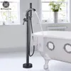 Myqualife Mat Black Vloer Vstaande badkuipkraan Set Dual Handhand vloer gemonteerde badkuip Mixers Swive Spout Tub -kraan