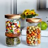 Kök förseglat glas transparent förvaring kan matlagringsarrangör trälock blommor containrar