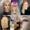 Frisör mannequin head 100% riktigt mänskligt hår för frisyrer frisör curling träning träning huvudet med stativ dollhuvud