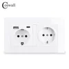 COSWALL EU Ryssland Spanien Standardvägg Power Socket Godnad USB Typ A Type-C Laddningsport Hotad glaspanel Vit C1-serien