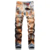 Men's Jeans Men Vintage Denim Orange Painted Stretch Pants Holes Ripped Distressed Slim Straight Trousers