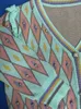 럭셔리 구슬 argyle 격자 무늬 니트 카디건 톱 여자 여름 짧은 슬리브 v- 넥 싱글 가슴 주름 스웨터 우아한 blusas 240410