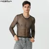 Party Nightclub Style Tops Incerun Men Glitter Mesh See-Through Camiseta Sexy Male mâle T-shirts minces S-5XL 240410