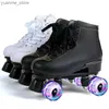 Inline Roller Skates White Black Leather Roller Skates Double Row Shoes Women Men Adult Two Line Skating Shoes with PU 4 Wheels Training Y240410