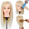 Frisör mannequin head 100% riktigt mänskligt hår för frisyrer frisör curling träning träning huvudet med stativ dollhuvud