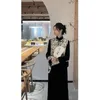 Werk jurken 2024 Leer Spring Dames Chinese stijl Knop Gold Vest Coat Laydown Top Velvet rok Three -Pally Set vrouwelijke kleding