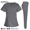 V-Neck Womens Medical Scrubs 세트 의사 간호 정장 임상 유니폼 v 넥 넥 짧은 슬리브 탑 바지 실험실 작업복 작업복