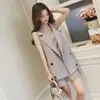 Work Dresses Vintage Mini Pleated Dress Suits With Double Breasted Blazer Jacket 2 Piece Sets Sleeveless Spring Summer Fall Clothes Female