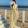 Casual Dresses Women's Summer 2024 Chiffon Stitching Mesh Dress Beach Elegant Party Vestidos Chinese Sexy Bamboo Hollow Neck Lady