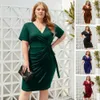 Plus Size Women Dress Vneck Short Sleeve Elegant High Waist Side Laceup Pleated Kneelength Gown 240410