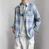 Camisas casuales para hombres BF Retro Hong Kong Style Japanese and Korean Long Sanges Gingham Camisa