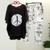 Tweedelige broek van dames 2 stks camouflage set onregelmatige t-shirt drawstring zomer outfit ontspannen fit asymmetrische blouse casual streetwear