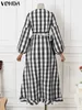 Sukienki swobodne Vonda Plaid Sukienka 2024 Długie Lantern Sleeve Maxi Sundress Bohemian Loose V-Neck Bandage Holiday Robe Femme Oversized