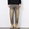 Jeans masculinos gmiixder outono/inverno espessado lama amarela solta calça casual reta americana para jeans folgados de inverno